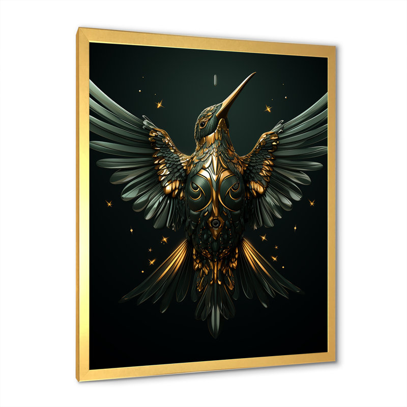 Blue Harmonious Hovering Hummingbird - Colibri, art mural animal, H 40 po x l 30 po x P 1,5 po, Cadre doré simple