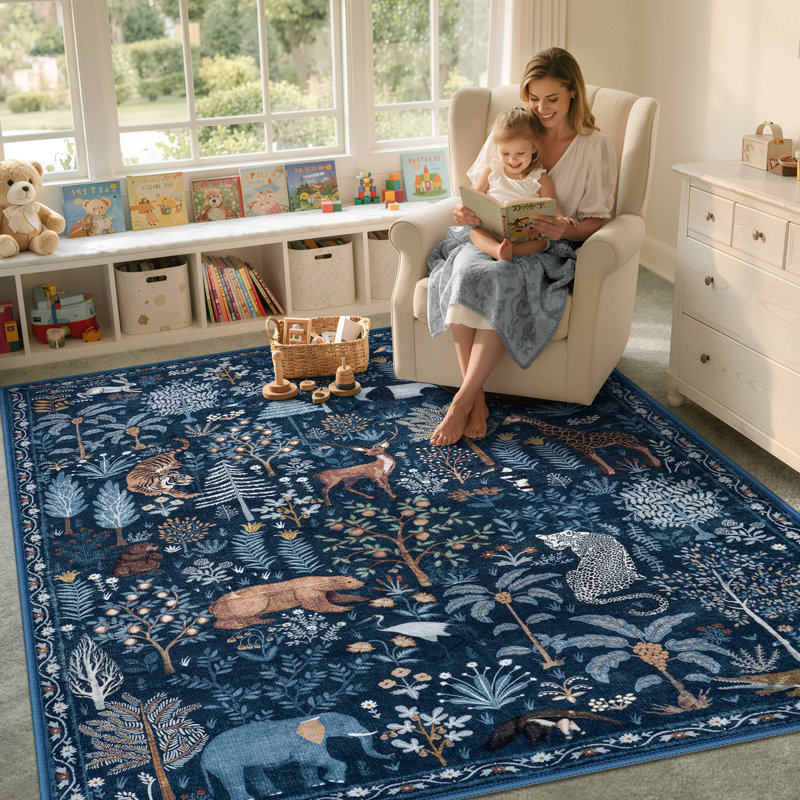  Goldene Whimsical Jungle Animal Washable Area Rug for Kids Room & Nursery, Soft Non-Slip Botanical Playroom Carpet
