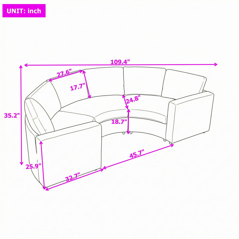 Canapé modulaire courbé modulaire en chenille 3 places avec sièges profonds et coussins et housses amovibles, Grey