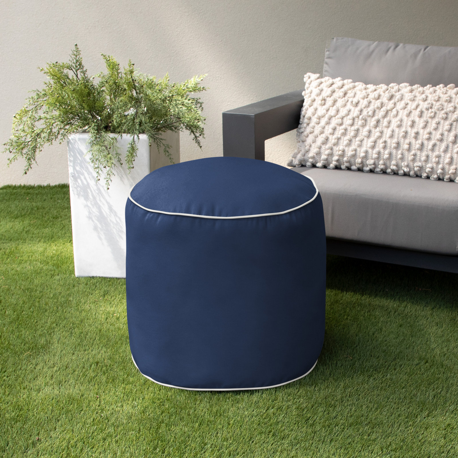 Demi Round Upholstered Outdoor Ottoman with Sunbrella® Cushion, Canvas Navy Sunbrella® Canvas
