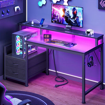 Computer Desk with RGB LED Lights, Charging Station, Monitor Stand & Drawers, Gaming Desk with Adjustable Shelves