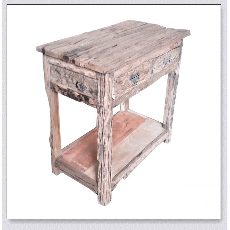 Îlot de cuisine rustique à 2 tiroirs avec rangement spacieux, parfait pour les réceptions et les petits espaces de vie, fabriqué en vieux bois antique.