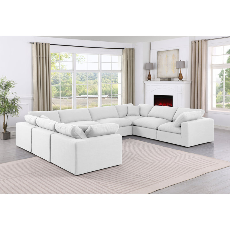 Hippler Upholstered U-Shaped Sectional Reversible, White Linen Textured Fabric