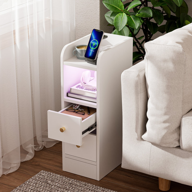 Slim Bedside Table with 2 Drawers, White Narrow Bedside Cabinet with LED Light & UK Charging Station 1AC/2USB, Wooden Side Table for Sofa Bed Side Bedroom Living Room Corner, UK Plug