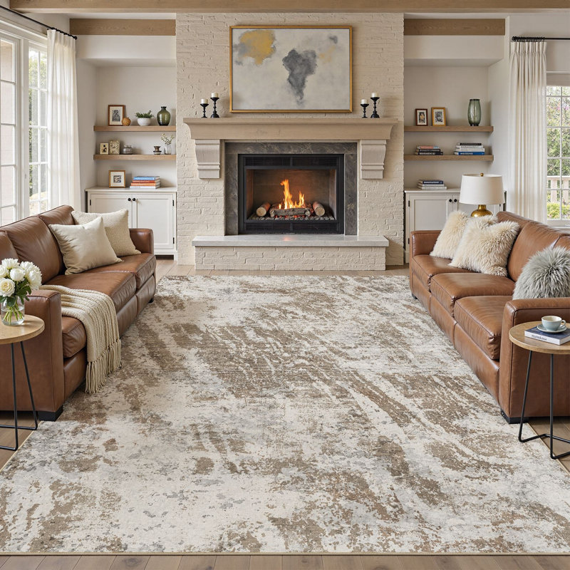 Abstract Modern Boho Area Rug Non-Shedding Low-Pile Carpet for Living Room, Bedroom, or Office, Rectangle 10' x 14'