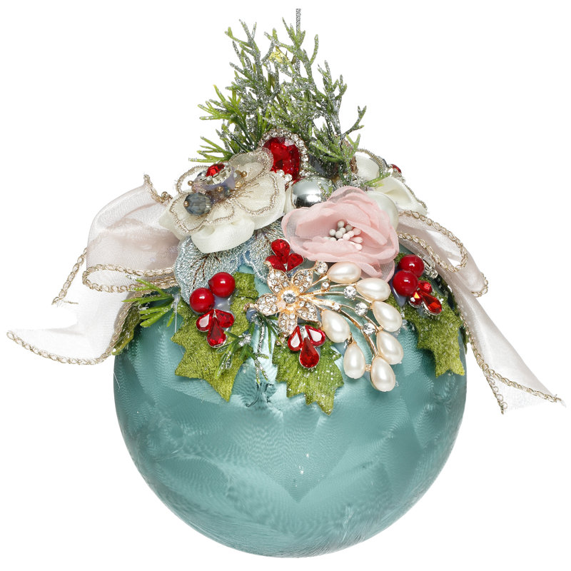 Floral Jeweled Ball Ornament, Frosted, Blue - 6.5 Inches