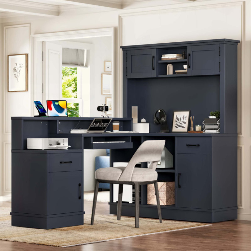 Bureau d'ordinateur en L avec prises de courant, tiroirs et bibliothèque, bureau d'angle moderne, Bleu / bleu