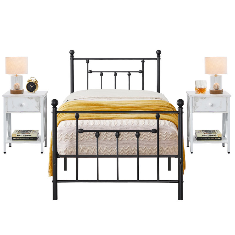 Ensemble de chambre à coucher 3 pièces Kempst, cadre de lit plateforme simple et ensemble de 2 tables de chevet blanches, ensemble de mobilier de chambre à coucher simple en métal moderne, support de lattes robuste, rangement sous le lit, aucun sommier nécessaire, silencieux (ensemble de 3)