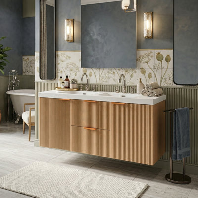 47.24" Floating Double Bathroom Vanity With SMC Sink Top, Modern Wall-Mounted Cabinet With 2 Soft-Close Drawers & Doors, Natural Wood