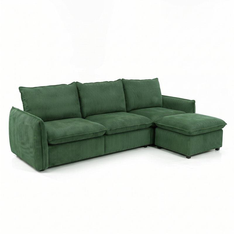 Canapé modulaire en L avec repose-pieds Boucle, Velours côtelé vert