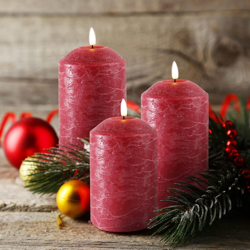 3 Pack Gold Flameless Pillar Candles with Remote: Flickering, Real Textured Wax, Battery-Operated LED Candles, Red