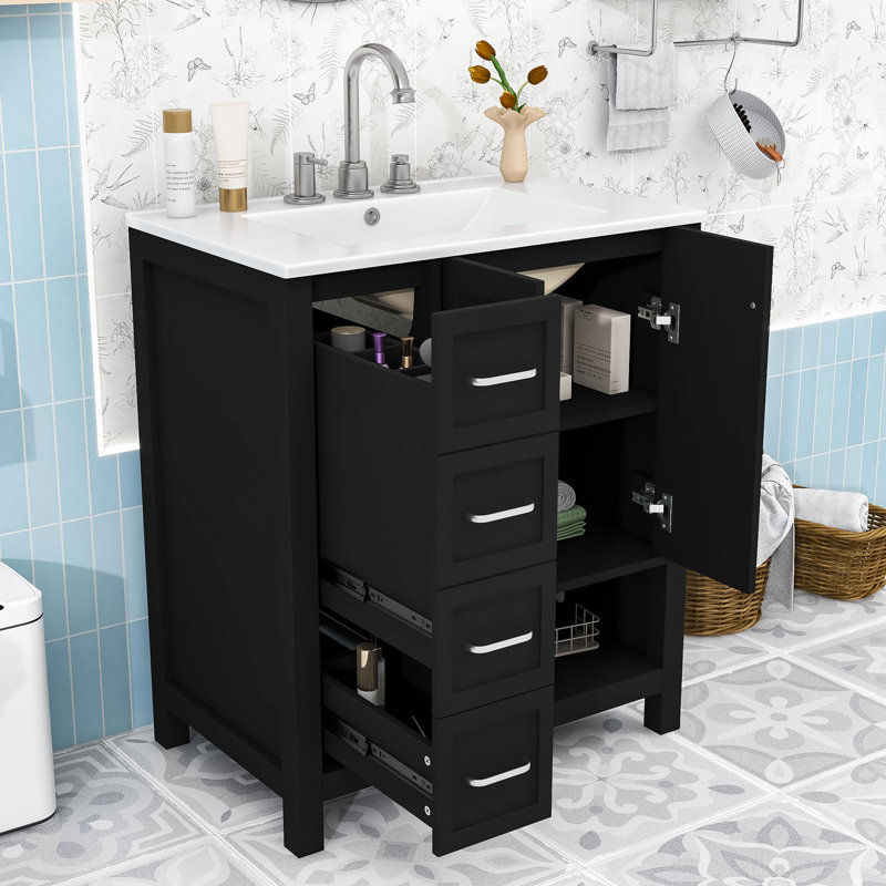 Meuble-lavabo autoportant élégant avec lavabo en céramique et beaucoup de rangement, Black