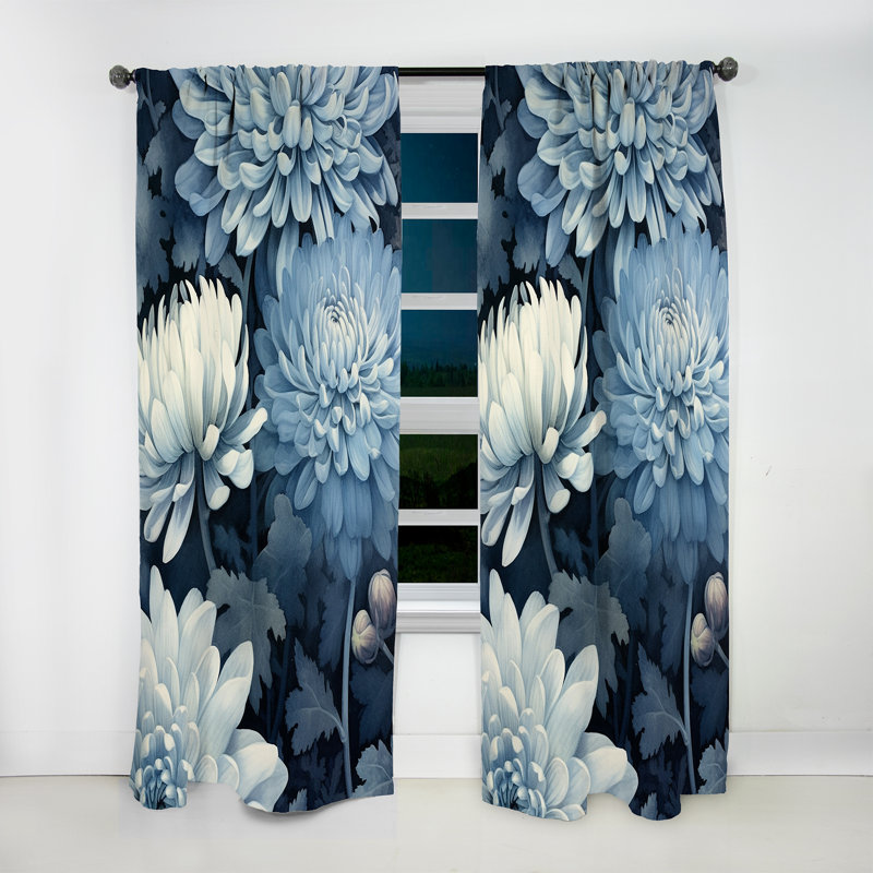 Allensby Sapphire Mums On Dark Gray And Light Aquamarine - Traditional Velvet Curtain - 1 panel, 52" W x 95" L