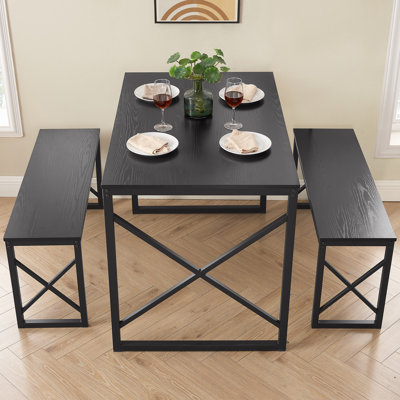Aithan 3-Piece Dining Table Set with Benches, Rustic Kitchen Table Set for Small Spaces, Modern Farmhouse Dining Set with Bench for Kitchen & Dining R by 17 Stories