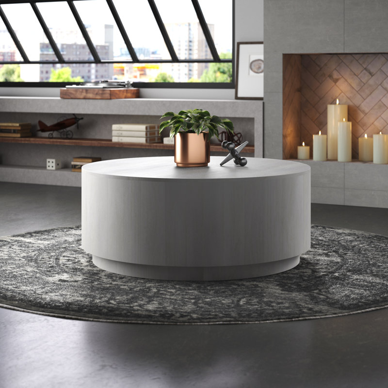 Rustic Gray 42" Round Coffee Table with Sculptural Cylindrical Design, White Wash