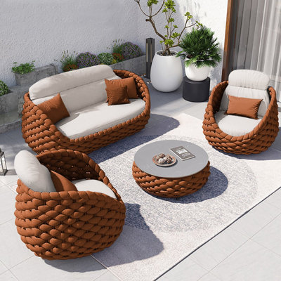 Cocaro 4-Piece Outdoor Rope Weave Patio Sofa Set with Coffee Table in Orange