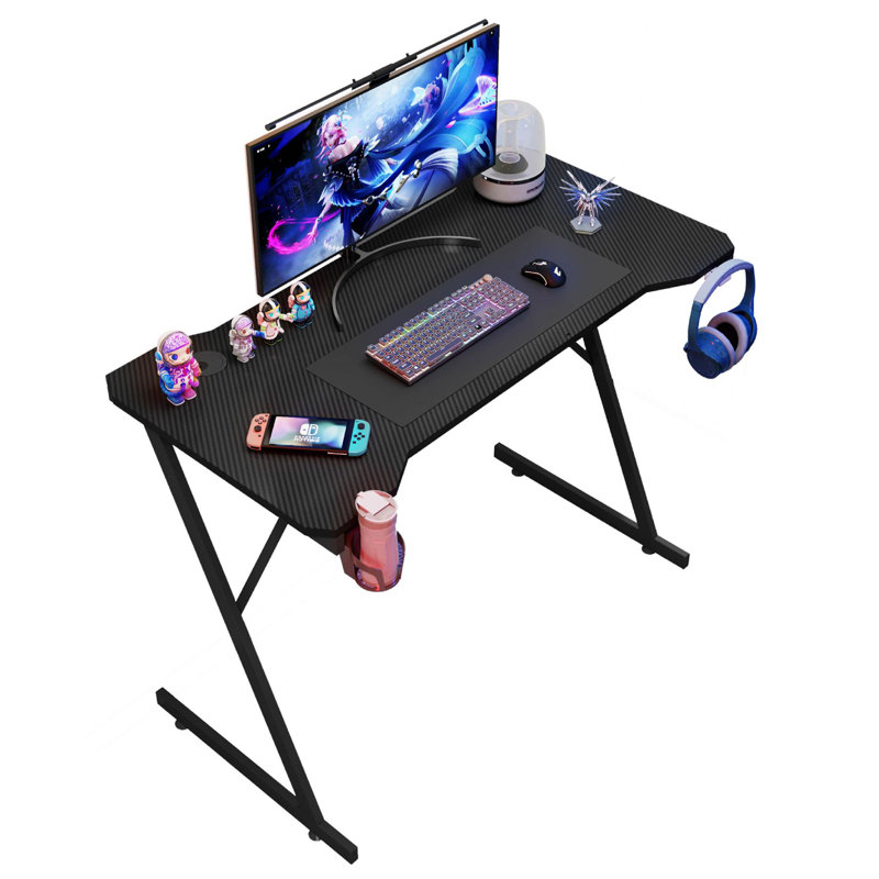 Gaming Desk Carbon Fibre Finish Black Cup Holder, Headphone Hook & Cup Holder, 75cm H x 120cm W x 60cm D