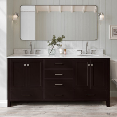 Meuble-lavabo double en bois massif Flynt avec plateau en marbre de Carrare 0,75 po