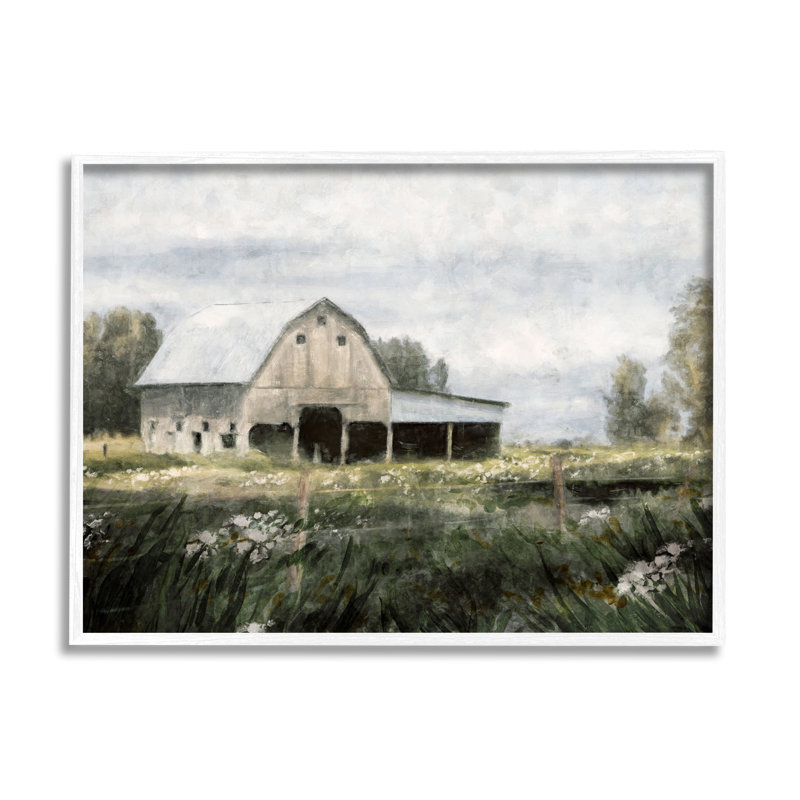Art de giclée encadrée par Country Farmhouse Barn Meadow, H 11 po x l 14 po, Giclée encadrée blanc bord de mer