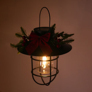 Plastic Solar Holiday Lantern - Festive Pine & Bow Decor, Auto Charging