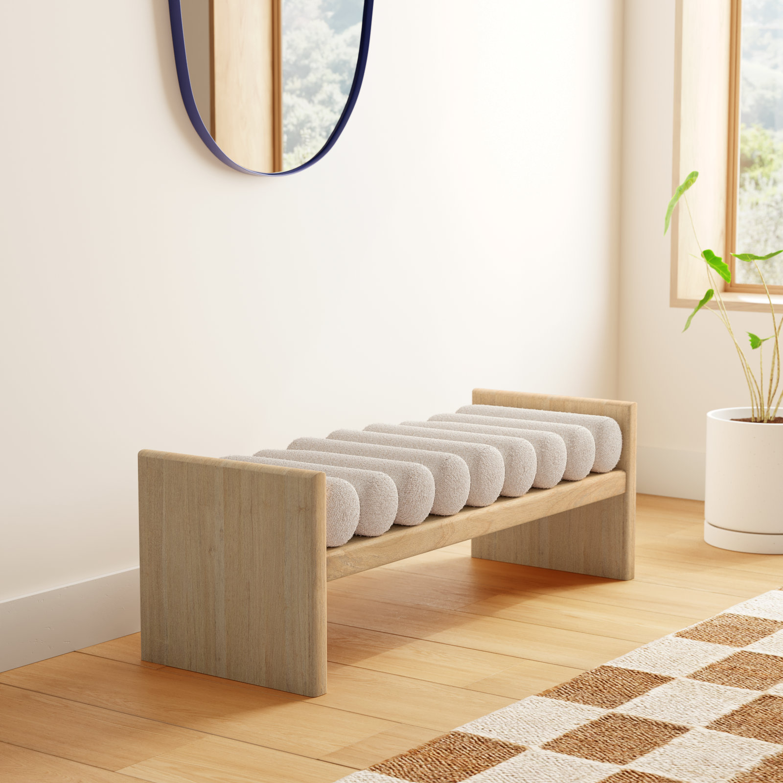 Reeves Boucle Wood Bench, Cream Boucle Fabric / Natural Finish, 18" H x 52" W x 19" D