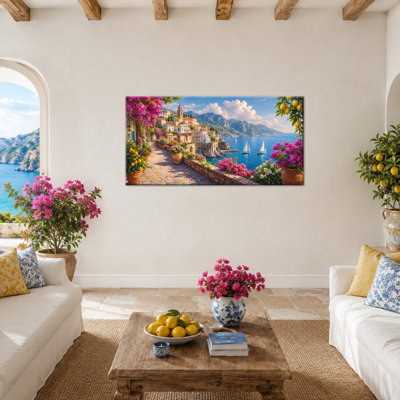Amalfi Coast Canvas Wall Art Featuring a Sunlit Stone Lane Tiered Pastel Homes, Sunlit Italian Village Charm for Living Room, Gallery Wrapped and Ready to Hang, 24 x 12 Inch