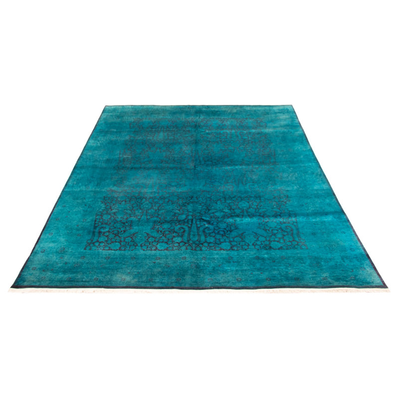 Tapis unique en laine noué à la main turquoise 8 pi 11 po x 11 pi 8 po