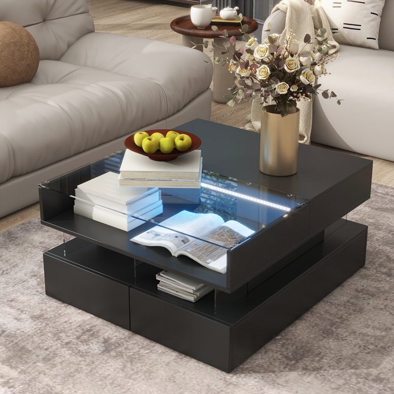 Table basse à plateau relevable avec 2 tiroirs, H 15,7 po x l 29,5 po x P 29,5 po, Noir