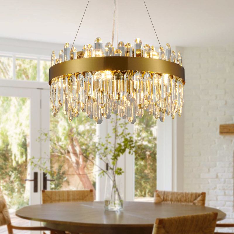 12-Lights Modern Golden Round Crystal Chandelier, 21 "Diameter, Height Adjustable, Suitable for Living Room, Dining Room, Bedroom, Kitchen Island, Porch