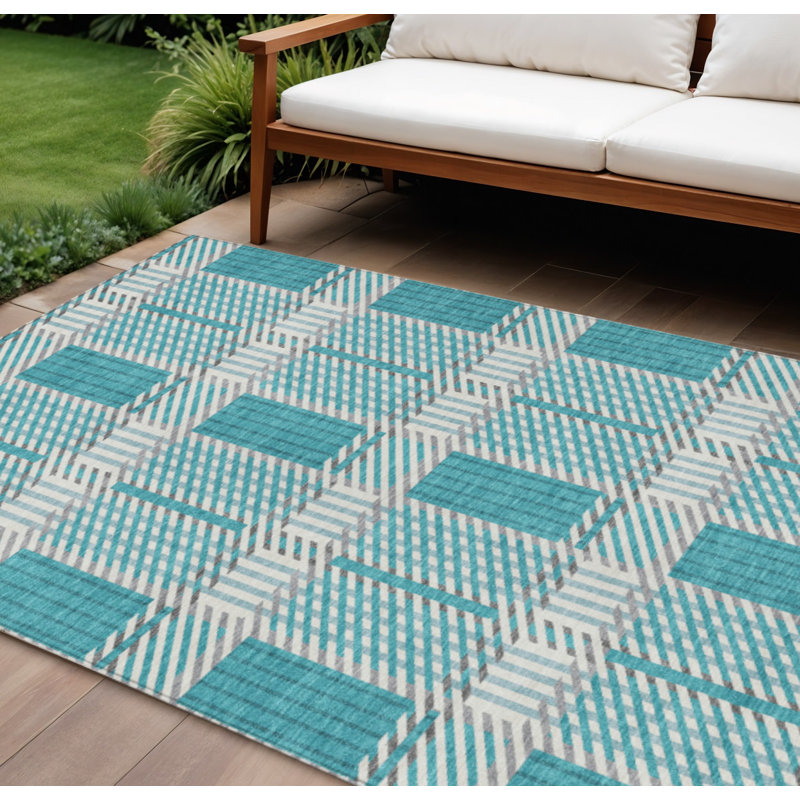 Tapis extérieur lavable à carreaux bleu sarcelle et gris ivoire 10 pi x 14 pi