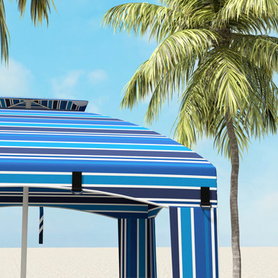 Beach Umbrella With Double-Top And Walls, Vents, Sandbags, Carry Bag, Blue Stripe, Great For Outdoor Recreational Activities Portable Double-Top,