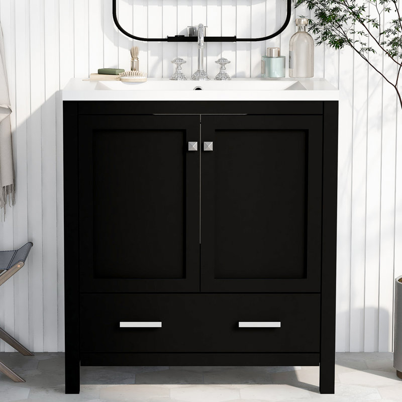 Huckeba 30'' Free Standing Single Bathroom Vanity with Ceramic Top, Black