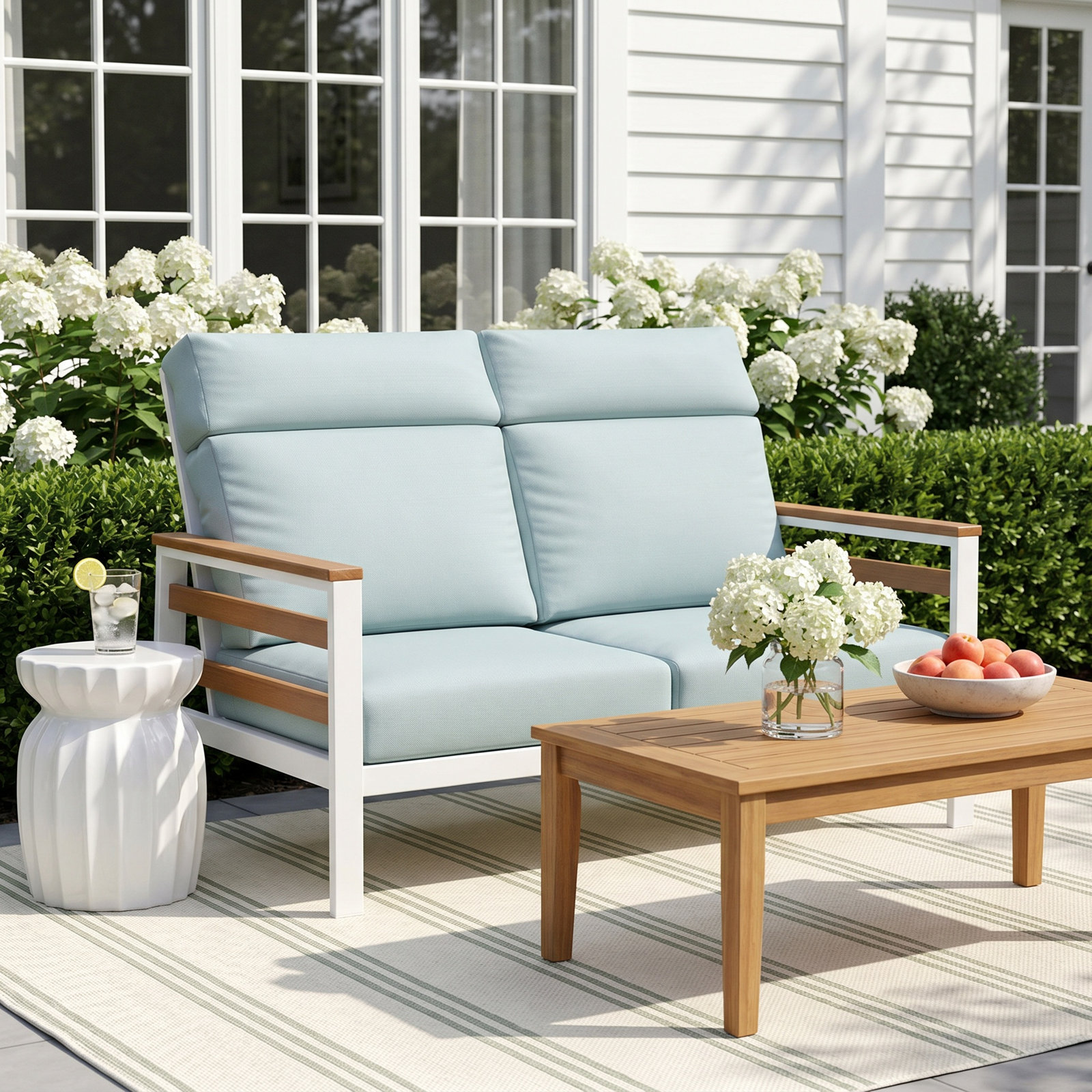 Townsend Metal Outdoor Loveseat With Sunbrella Cushion, Bliss Dew