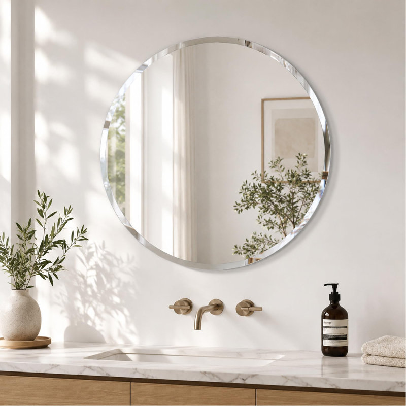 Miroir de salle de bain mural biseauté sans cadre pour salle de bain et salon, 24 po x 24 po, Rond