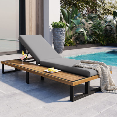GO Outdoor Chaise Lounge Chair with 5-Position Adjustable Backrest, Reclining with Cushion, Patio Lounger with Wood Side Table, Sturdy Frame for Poolside, Garden, and Backyard, Gray