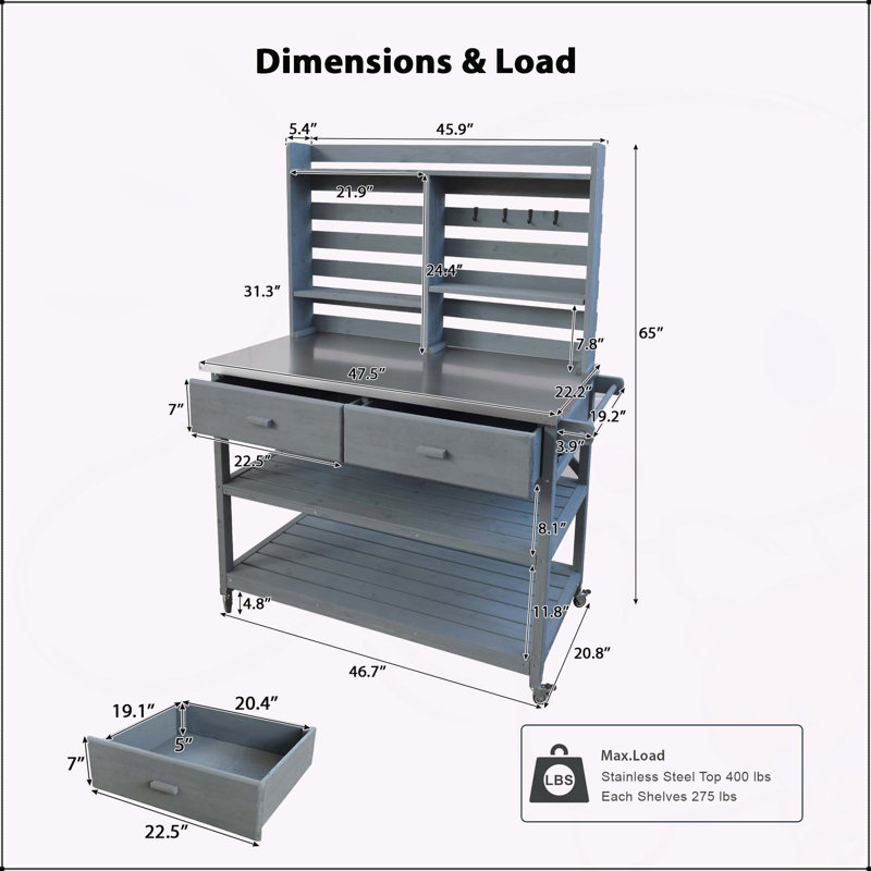 Banc de rempotage polyvalent pour l'extérieur avec roulettes verrouillables et plusieurs options de rangement, Bleu gris