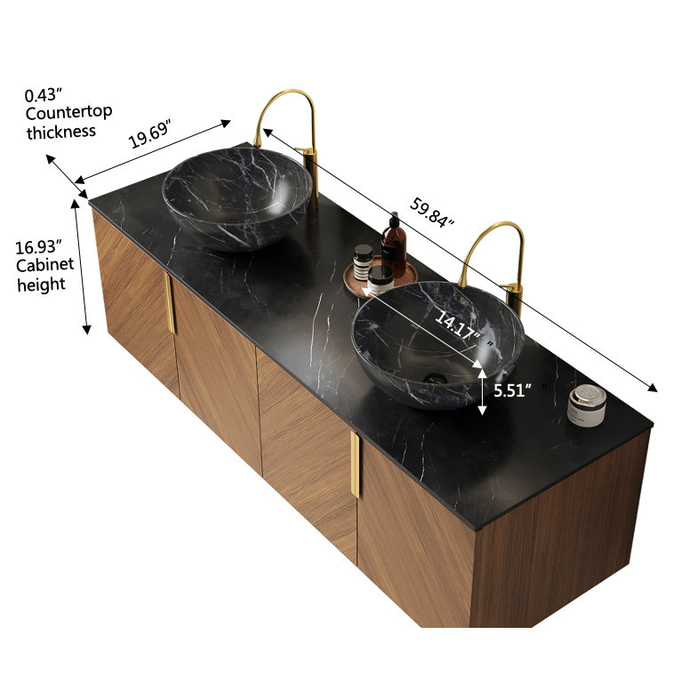 Meuble-lavabo 60 po avec lavabo en contreplaqué flottant avec 4 portes, 2 cuves en céramique noires avec motif en pierre et comptoir en pierre frittée noire, couleur grain de bois espresso