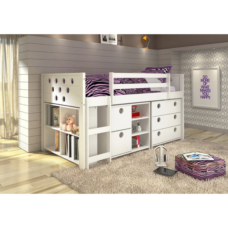 Abey Circles Twin Loft Bed with Storage and Bookcase, White
