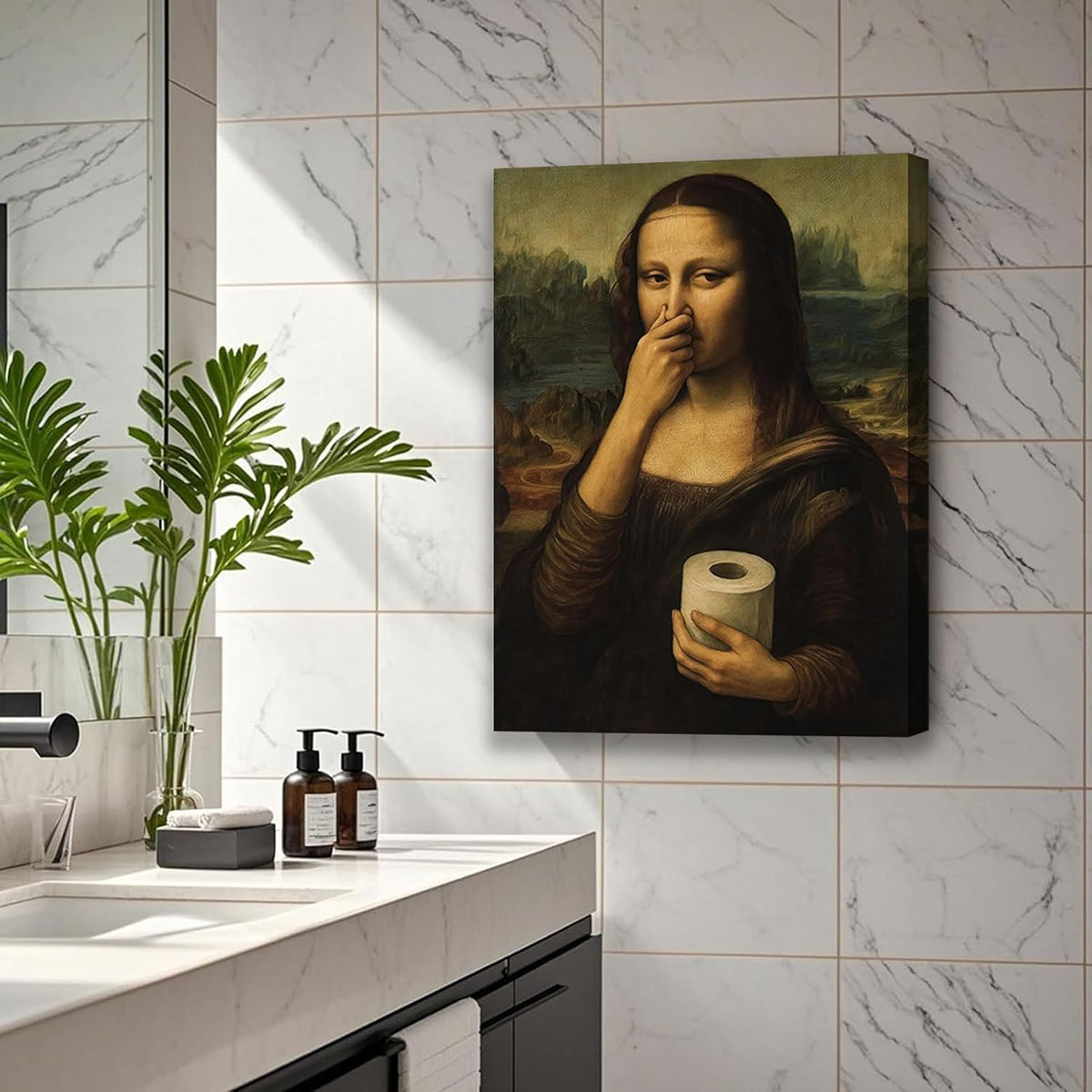 Red Barrel Studio Funny Mona Lisa Bathroom Canvas Wall Art Humour ...