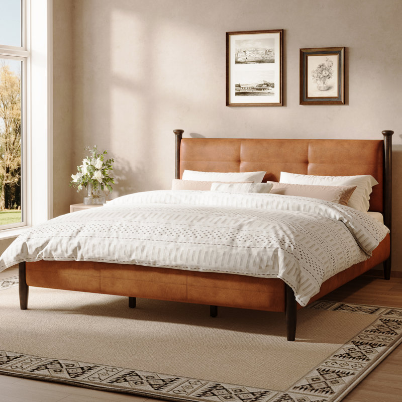 Hawthorne Vintage PU Leather Upholstered Platform Bed with Tufted Headboard and Solid Wood Legs, King