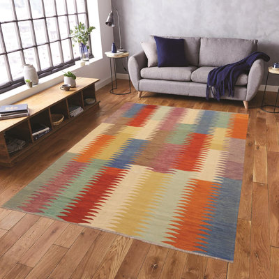 Tapis bleu / beige / mauve en laine noué à la main Tadwick