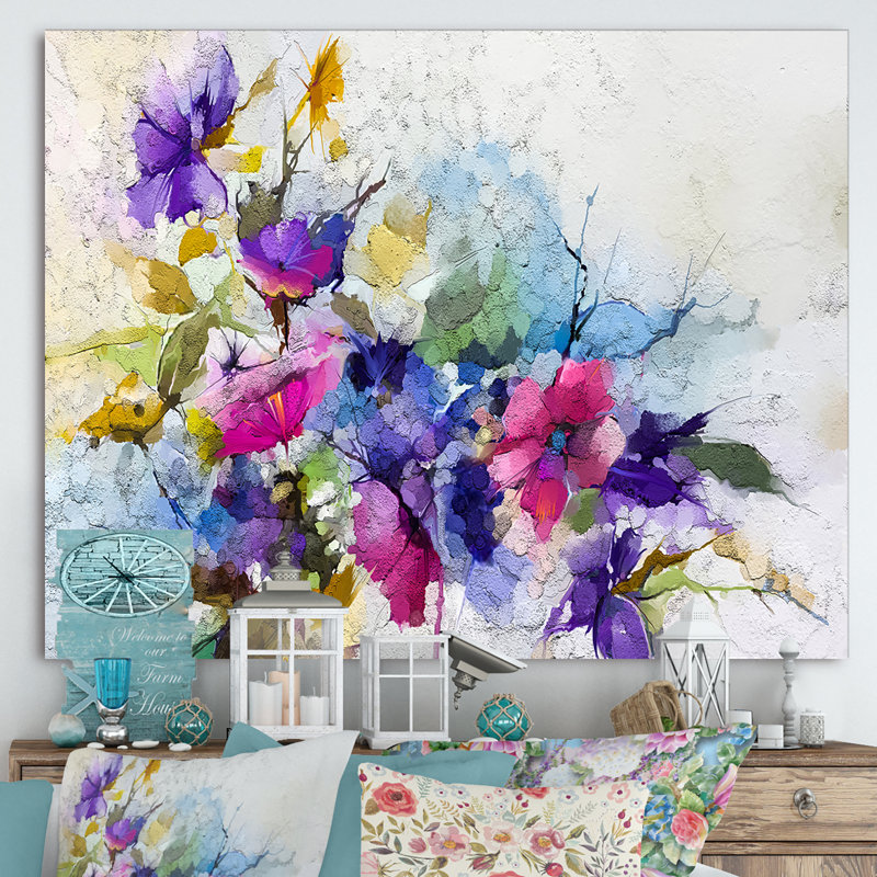 Mauve, jaune et bleu abstrait, composition de fleurs I - reproduction d'art sur toile, H 24 po x l 32 po x P 1 po