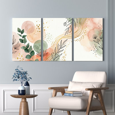 Botanical Floral Abstract Watercolor Canvas Wrapped Wall Art Oil Painting Print Set Of 3 For Living Room Bedroom Home Decor