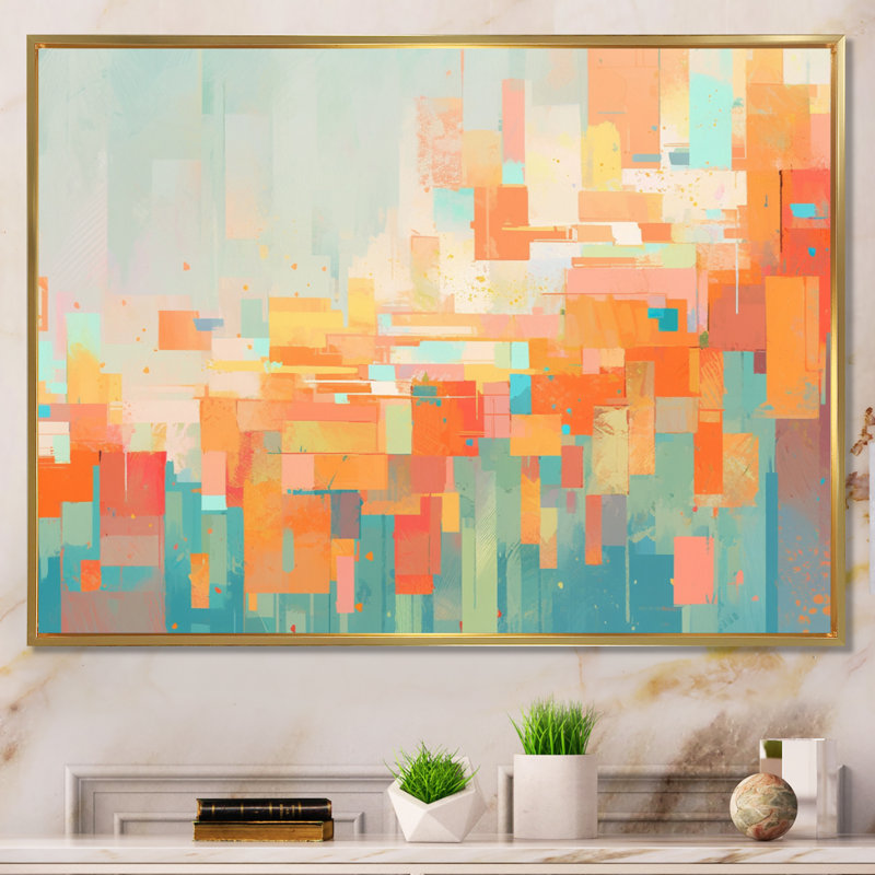Réalités brisées orange et vertes sur toile, H 24 po x l 32 po x P 1 po, Cadre flottant doré