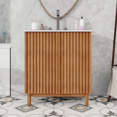 Wood Bathroom Vanity with Ceramic Sink, Adjustable Shelf and Soft-Close Doors
