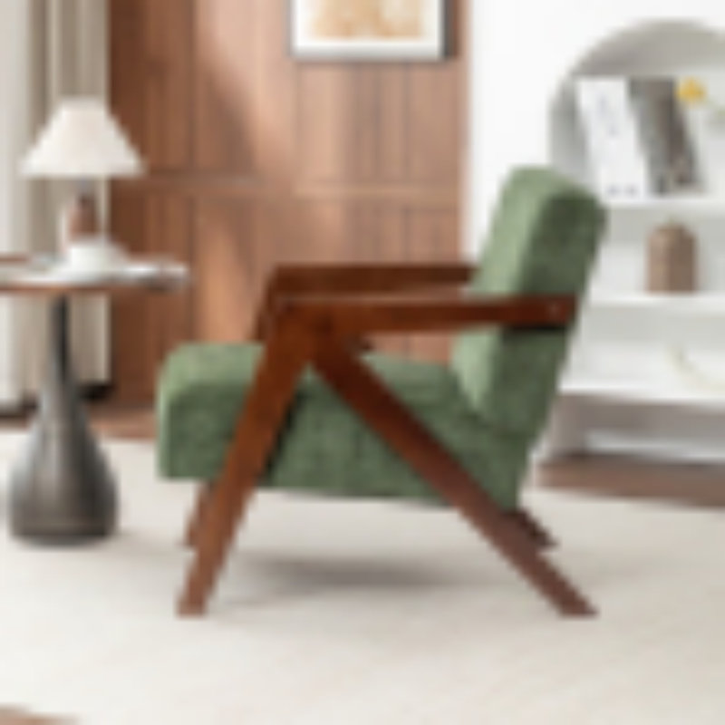 Fauteuil d'appoint en chenille verte, monobloc, style moderne du milieu du siècle, mousse haute densité, structure en bois d'hévéa, accoudoirs incurvés