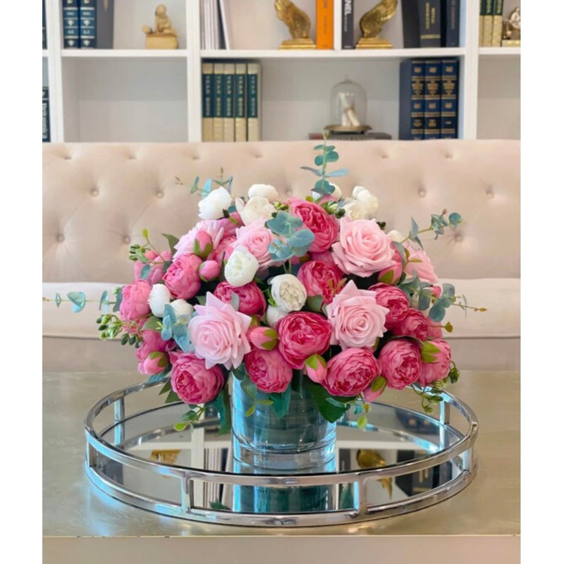 17 Inch Large Pink Real Touch Rose and Peony Centerpiece in Clear Glass Vase, Faux Floral Arrangement with Eucalyptus, Dining Table and Wedding Centerpiece