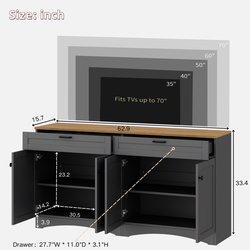 Farmhouse Sideboard With Adjustable Shelves And Rustic Handles, Gray