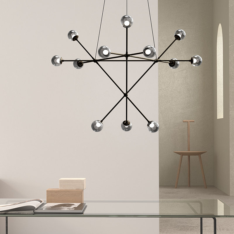 Proton 12 - Light LED Chandelier, Polished Black Nickel, White Crushed 