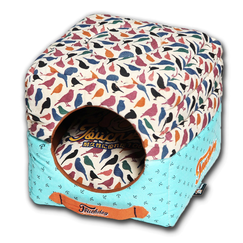 Blue Bird Pattern Convertible Collapsible Dog House Bed